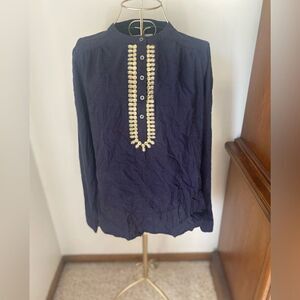 Boden navy and gold embroidered pineapple top size 8 52% cotton